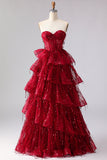 Sparkly Princess Burgundy Sweetheart Fringed Sequin Long Prom Dress with Ruffles