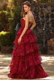 Sparkly Burgundy Princess Sweetheart Fringed Long Sequin Prom Dress with Ruffles