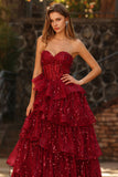 Sparkly Burgundy Princess Sweetheart Fringed Long Sequin Prom Dress with Ruffles