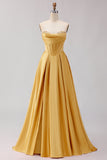 Golden Strapless Satin A-Line Corset Long Prom Dress