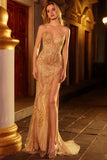 Golden Sweetheart Beaded Mermaid Long Prom Dress with Slit