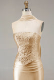 Champagne Strapless Mermaid Beaded Convertible Long Prom Dress