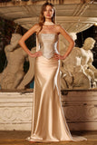 Strapless Champagne Two Piece Mermaid Beaded Convertible Long Prom Dress with a Neck Scarf
