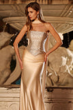 Strapless Champagne Two Piece Mermaid Beaded Convertible Long Prom Dress with a Neck Scarf