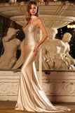 Strapless Champagne Two Piece Mermaid Beaded Convertible Long Prom Dress with a Neck Scarf