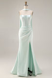 Strapless Corset Mermaid Light Green Satin Side Slit Maxi Dress with a Neck Scarf