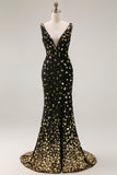 Black Golden Mermaid Sequin V Neck Open Back Long Prom Dress with Slit