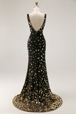 Black Golden Sequin Mermaid V Neck Open Back Long Prom Dress with Slit