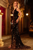 Black Golden Sequin Mermaid V Neck Open Back Long Prom Dress with Slit