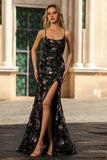 Black Mermaid Sequins Floral Lace Up Back Long Prom Dress with Slit