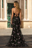 Black Mermaid Sequins Floral Lace Up Back Long Prom Dress with Slit