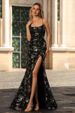 Black Purple Floral Mermaid Sequins Embroidered Long Prom Dress with Slit