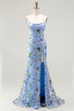 Sparkly Blue Floral Mermaid Sequin Embroidered Long Prom Dress with Slit