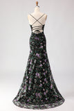 Black Mermaid Sequins Floral Lace Up Back Long Prom Dress with Slit