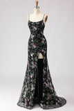 Black Mermaid Sequins Floral Lace Up Back Long Prom Dress with Slit