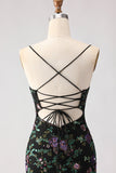 Black Mermaid Sequins Floral Lace Up Back Long Prom Dress with Slit