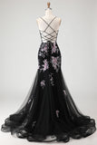 Sparkly Black Pink Flower Mermaid Sequins Corset Long Prom Dress with Lace Up Back
