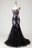 Sparkly Black Pink Flower Mermaid Sequins Corset Long Prom Dress with Lace Up Back