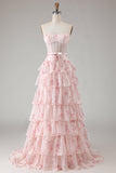 Pink Floral Strapless Tiered A Line Corset Print Beaded Long Prom Dress with Ruffles