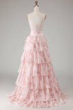 Pink Floral Strapless Tiered A Line Corset Print Beaded Long Prom Dress with Ruffles