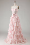 Pink Floral Strapless Tiered A Line Corset Print Beaded Long Prom Dress with Ruffles