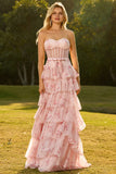 Pink Strapless Floral A Line Corset Beaded Tiered Long Prom Dress with Ruffles