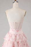 Pink Floral Strapless Tiered A Line Corset Print Beaded Long Prom Dress with Ruffles