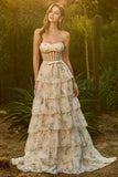 Pink Strapless Floral A Line Corset Beaded Tiered Long Prom Dress with Ruffles
