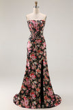 Black Pink Floral Mermaid Strapless Corset Long Prom Dress with Slit