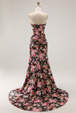 Black Pink Floral Strapless Corset Mermaid Long Prom Dress with Slit