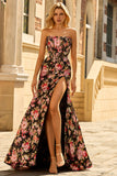 Black Pink Floral Strapless Corset Mermaid Long Prom Dress with Slit