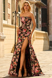 Black Pink Floral Strapless Corset Mermaid Long Prom Dress with Slit