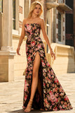 Black Pink Floral Strapless Corset Mermaid Long Prom Dress with Slit