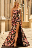 Black Pink Floral Strapless Corset Mermaid Long Prom Dress with Slit