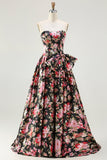 Black Pink Flower A Line Strapless Printed Long Prom Dress with Bow