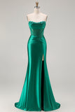 Dark Green Strapless Mermaid Corset Beaded Long Prom Dress with Slit