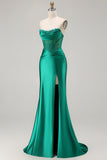 Dark Green Strapless Mermaid Corset Beaded Long Prom Dress with Slit
