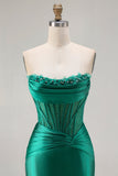 Dark Green Strapless Mermaid Corset Beaded Long Prom Dress with Slit