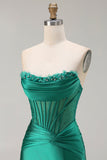 Dark Green Strapless Mermaid Corset Beaded Long Prom Dress with Slit