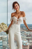 White Off the Shoulder Lace Appliqued Bridal Jumpsuits