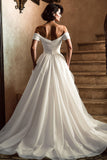 White Off the Shoulder A Line Wedding Dress with Slit