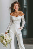 White Off the Shoulder Lace Bridal Jumpsuits with Pockets