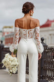 White Lace Off the Shoulder Bridal Jumpsuits with Pockets