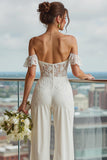 Ivory Ruffled Lace Off the Shoulder Bridal Jumpsuits