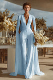 Ivory V-Neck Fitted Bridal Jumpsuits with Cape