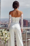 White Off the Shoulder Lace Long Bridal Jumpsuits