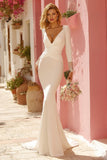 White Mermaid V-Neck Ruched Wedding Dress with Appliques