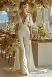 Ivory Ruched Short Sleeve V Neck Wedding Jumpsuits