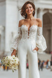 White Appliqued Long Sleeve Bridal Jumpsuits with Pockets