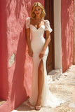 White Sweetheart Mermaid Puff Sleeves Wedding Dress with Slit